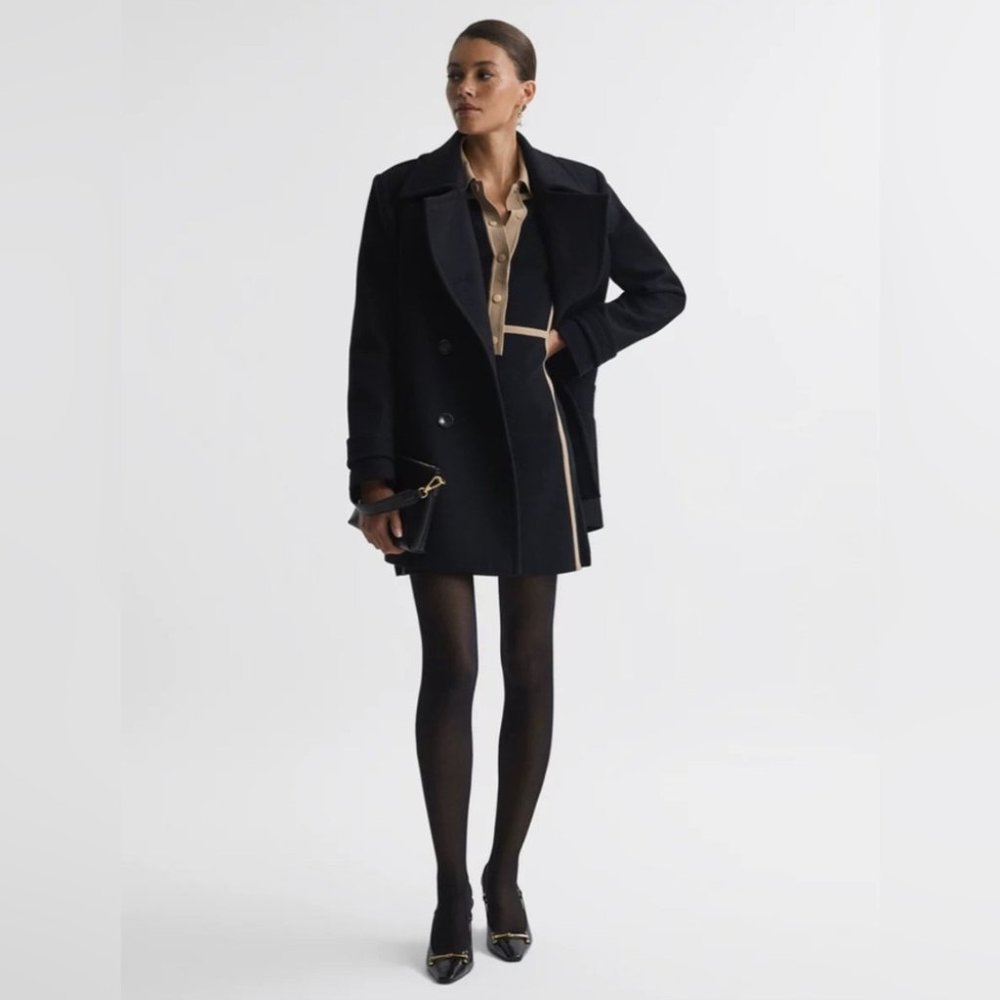 NEW Reiss Nikki Contrast Trim Press Stud Mini Dress in Black Camel | size S - Picture 4 of 8